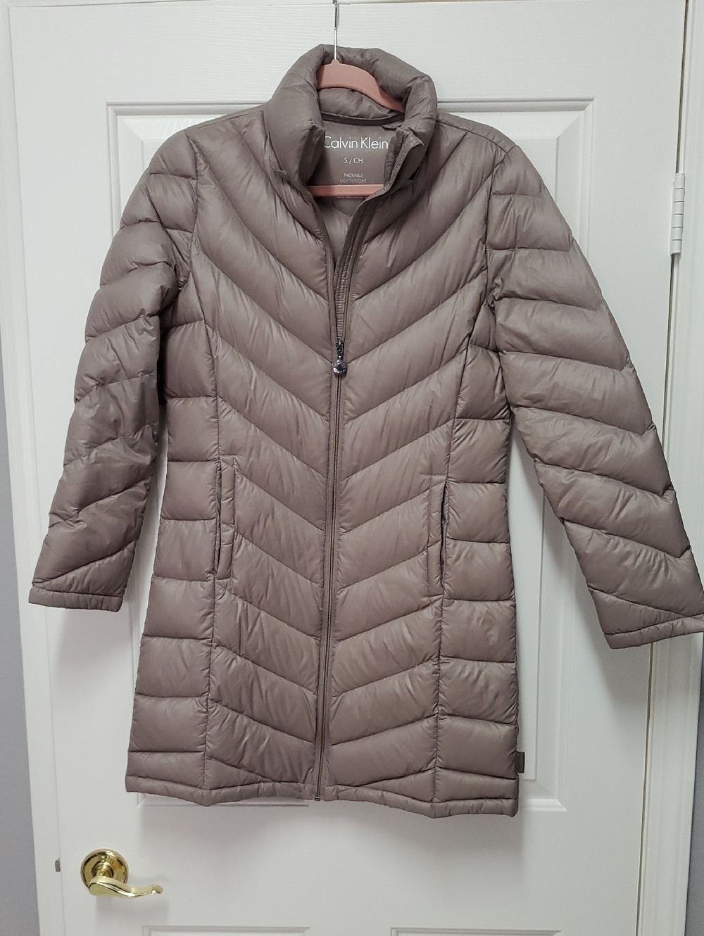 Calvin Klein Taupe/Gray Quilted Long Puffer Jacket